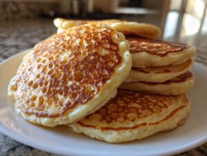 A close-up stack of fluffy sourdough pancakes showing perfect golden-brown bubbles on top, served on a white plate.
