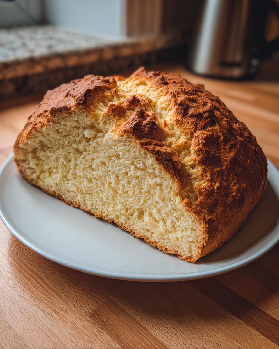 A loaf of golden brown soda bread, cut in half to show the soft, pale interior, resting on a white plate.