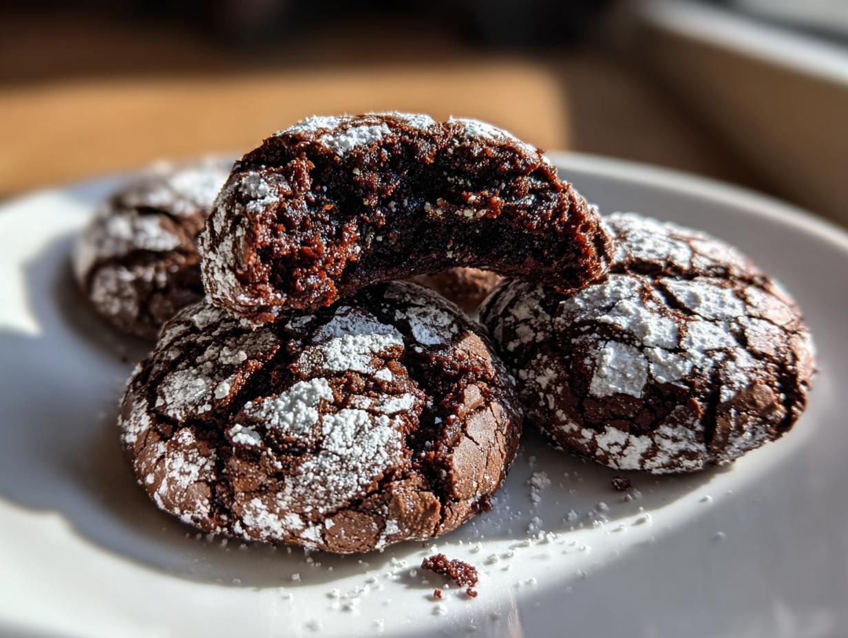 Close-up of fudgy chocolate crinkle cookies dusted heavily with powdered sugar, one cookie is broken open.