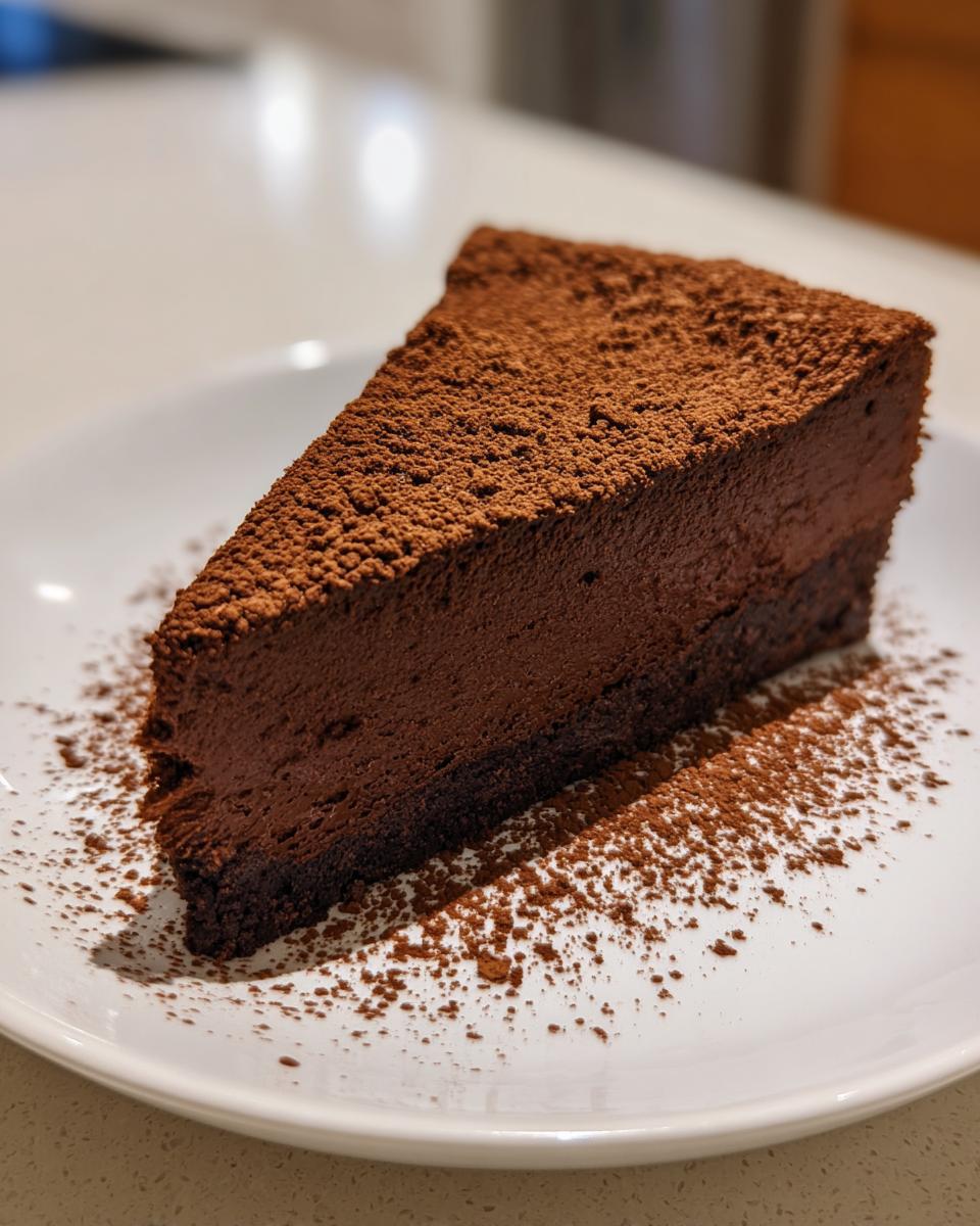A rich, dark slice of flourless chocolate torte dusted generously with cocoa powder on a white plate.