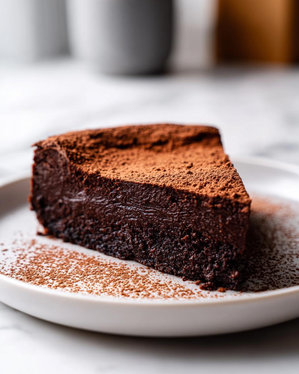 A rich, dark slice of flourless chocolate torte dusted heavily with cocoa powder, served on a white plate.