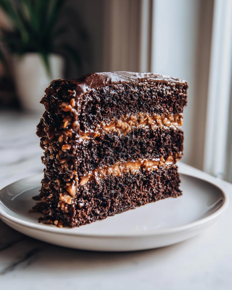 Close-up of a rich, three-layer slice of german chocolate cake with coconut-pecan frosting filling.