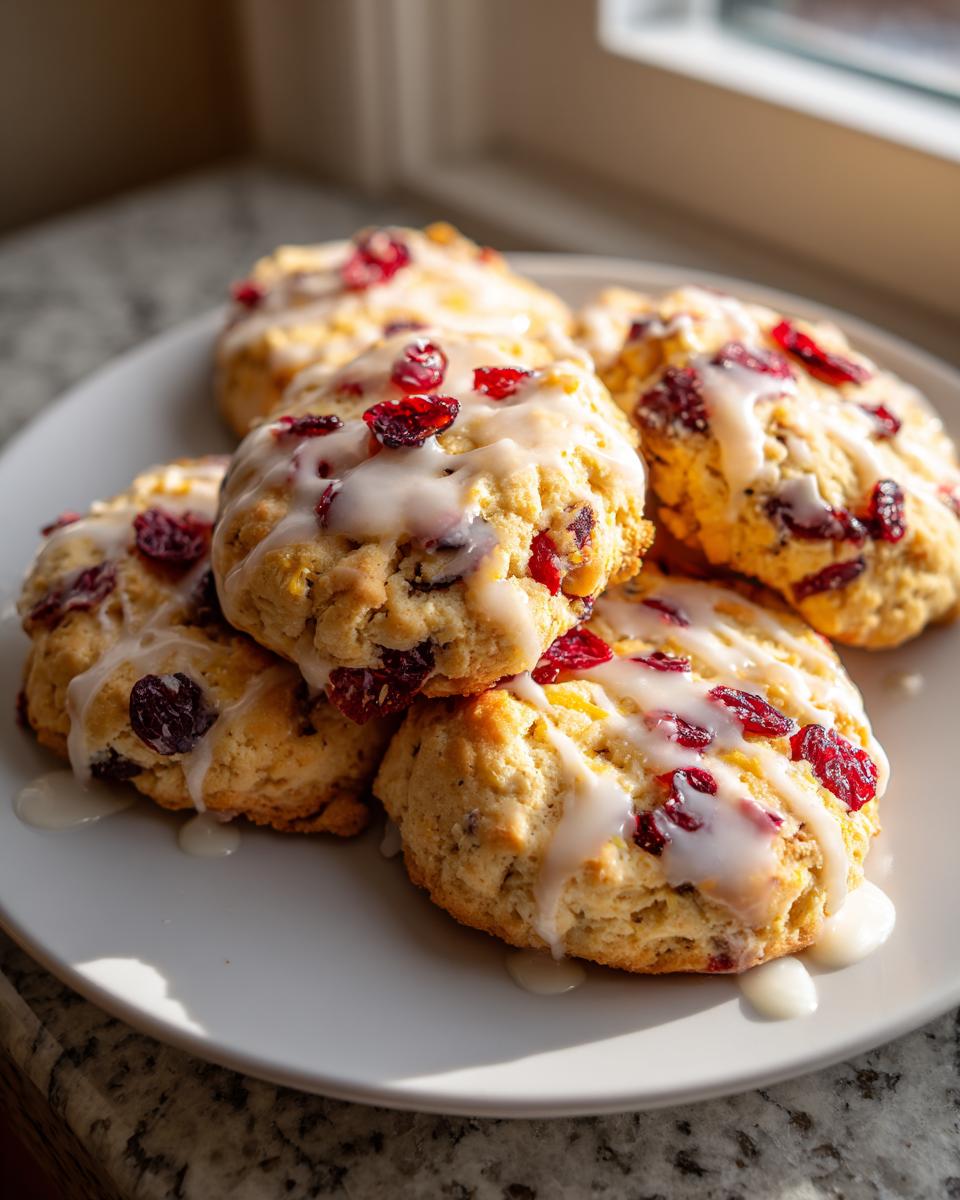 A stack of five freshly baked cranberry orange cookies topped with a thick white glaze and dried cranberries.