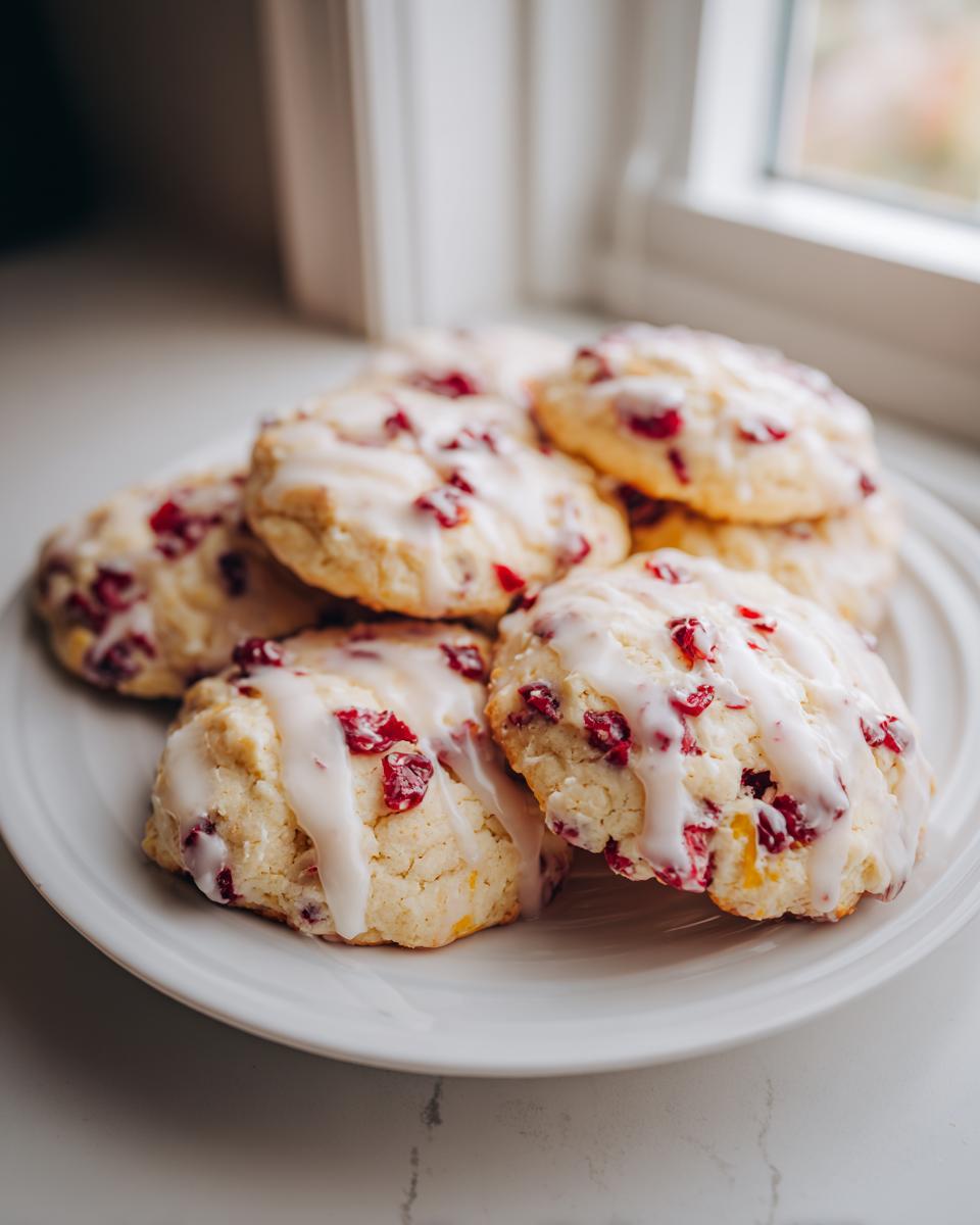 A stack of freshly baked cranberry orange cookies drizzled with white glaze, resting on a white plate near a window.