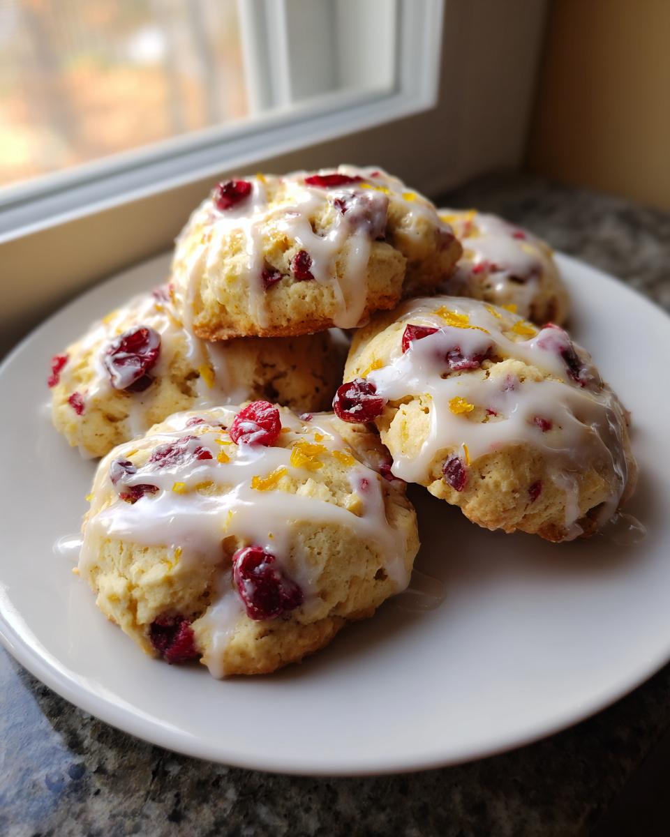 A stack of five delicious cranberry orange cookies topped with white glaze and orange zest.