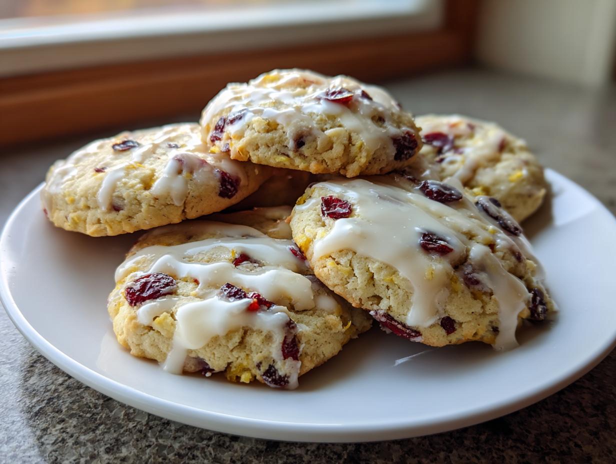 A stack of freshly baked cranberry orange cookies drizzled with a thick white glaze, resting on a white plate.