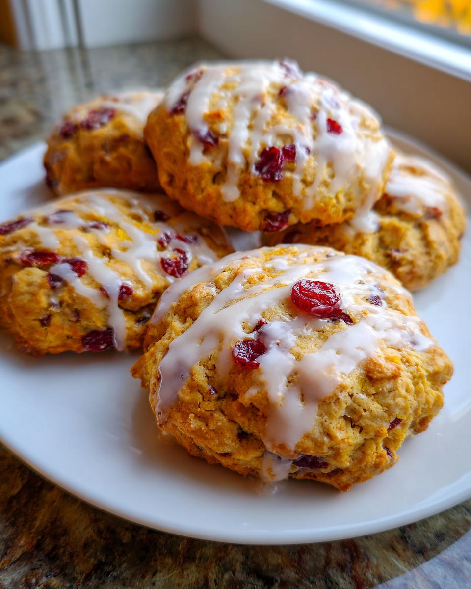 Close-up of several golden cranberry orange cookies topped with a thick white glaze, resting on a white plate.