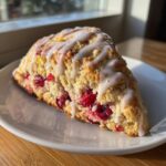 A close-up of a freshly baked cranberry scones slice topped with white vanilla glaze, sitting on a white plate.
