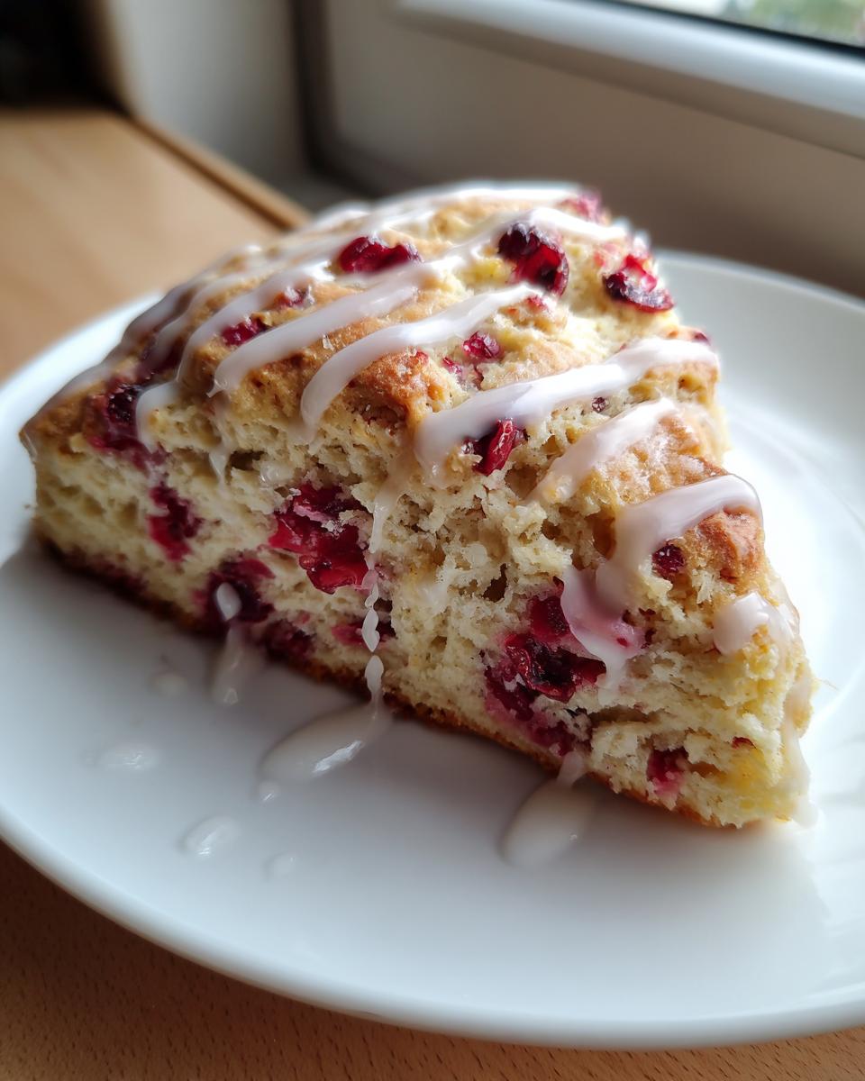 A close-up of a triangular cranberry scones slice topped with white vanilla glaze dripping onto a white plate.