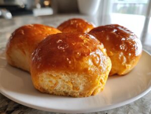 Close-up of four freshly baked, golden-brown sweet potato rolls with a shiny glaze resting on a white plate.