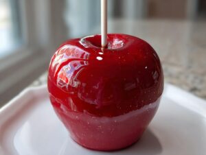 A perfectly glossy, deep red candy apple on a stick, sitting on a white plate, showcasing the shiny shell.