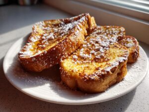 Three thick slices of golden brown french toast dusted heavily with powdered sugar on a white plate.