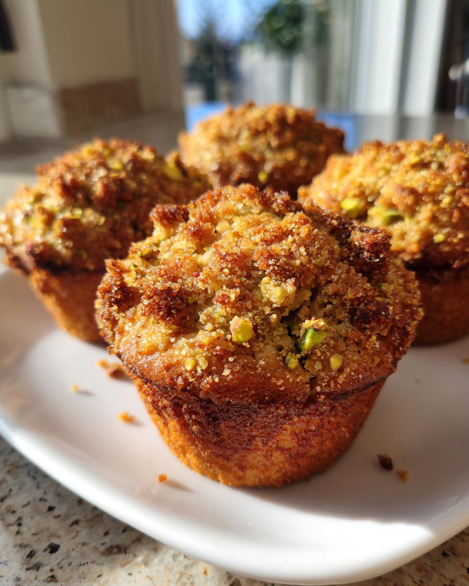 Four golden-brown pistachio muffins with a crunchy, sugary crumb topping featuring visible green pistachio pieces.