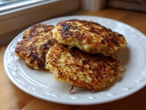 Three perfectly pan-fried potato pancakes with crispy, golden-brown edges stacked on a decorative white plate.