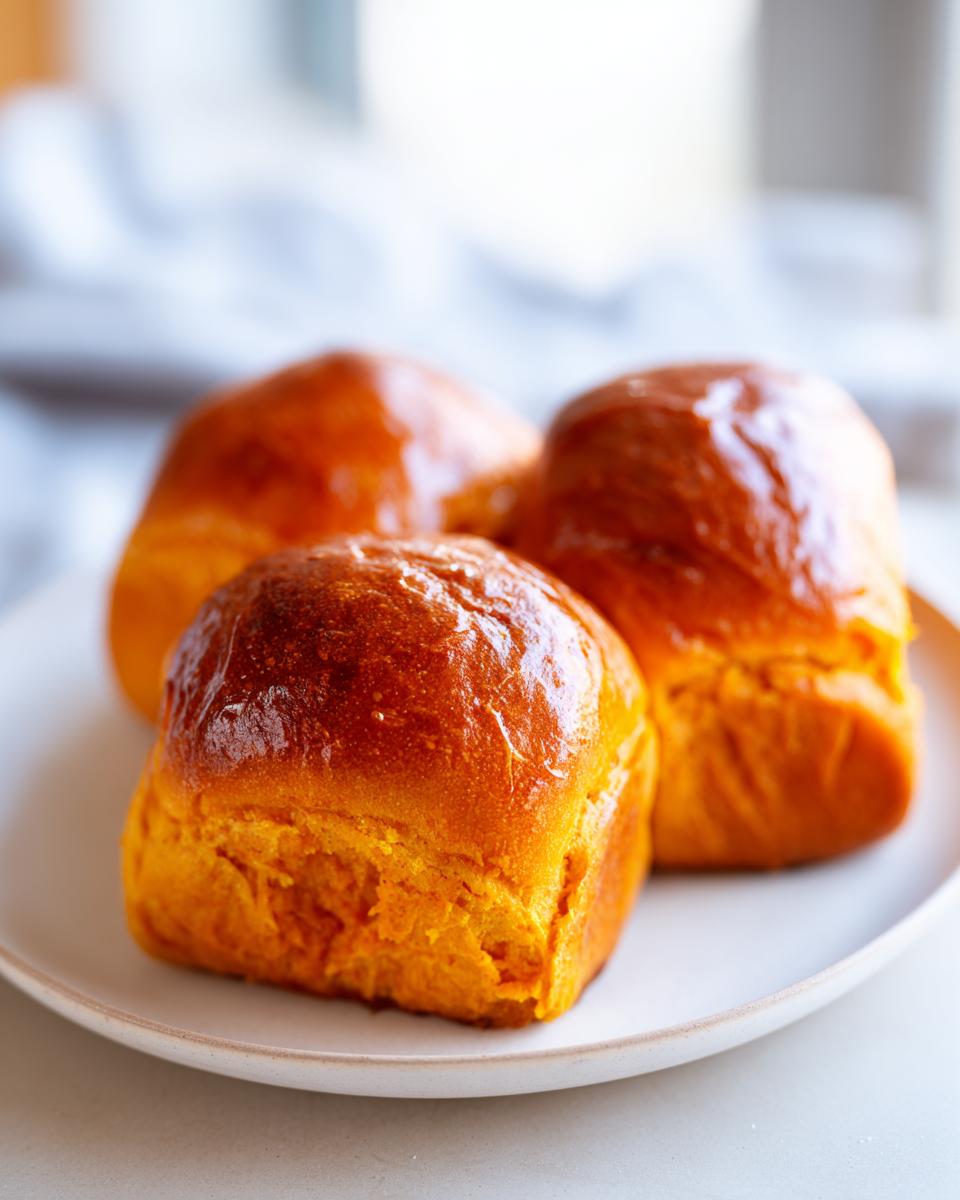 Close-up of three glossy, orange-hued sweet potato rolls resting on a light-colored plate.