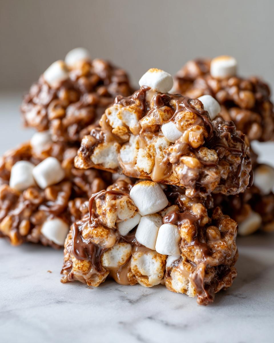 A stack of rich, chocolatey avalanche cookies loaded with mini marshmallows and drizzled with caramel.