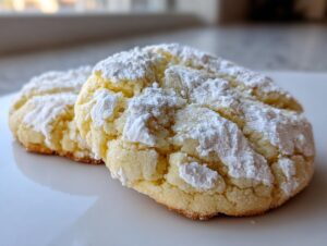 Two soft, crinkle-topped gooey butter cookies generously dusted with white powdered sugar.