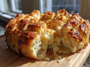 A golden-brown pull-apart cheese bread loaf with extreme cheese pull, showcasing the gooey cheese bread hack.