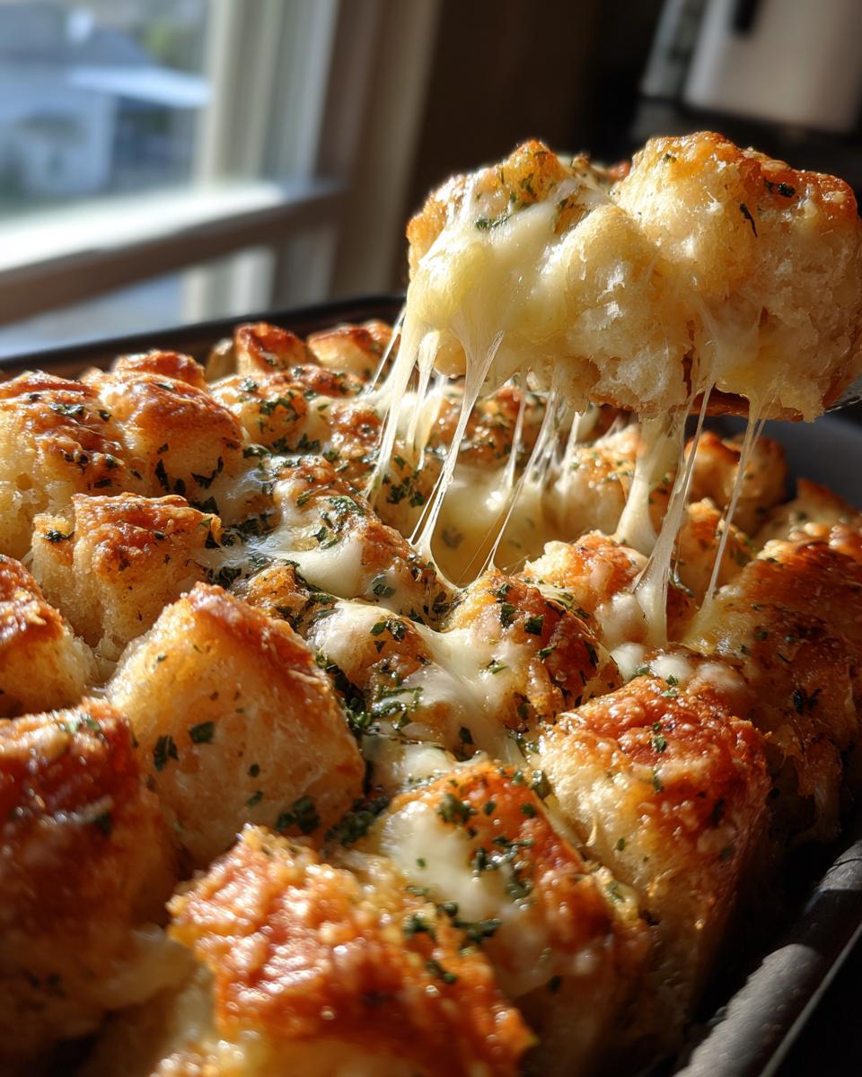 A piece of baked cheese bread is pulled away, showing long, gooey cheese stretches from the rest of the cheesy cheese bread loaf.
