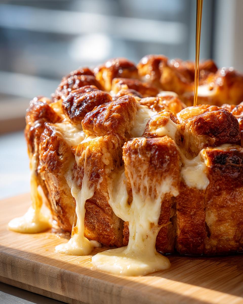 Close-up of gooey cheese bread pieces dripping melted cheese, with syrup being poured on top.