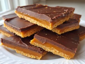 A stack of rich graham cracker toffee bars featuring a thick graham crust, gooey caramel layer, and dark chocolate top.