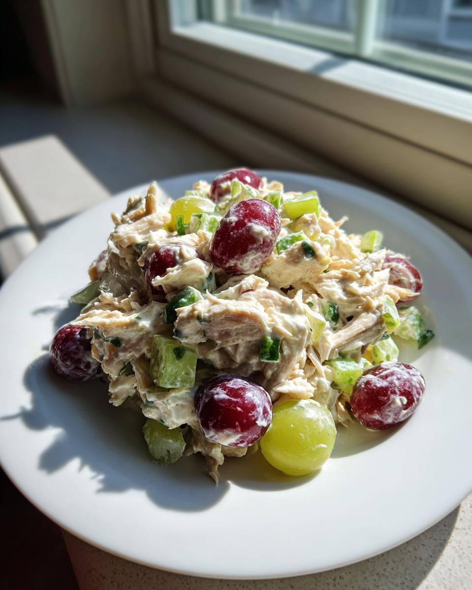 A serving of creamy greek yogurt chicken salad mixed with red and green grapes, served on a white plate near a window.
