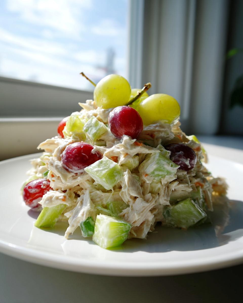 A mound of creamy greek yogurt chicken salad mixed with celery and topped with red and green grapes.