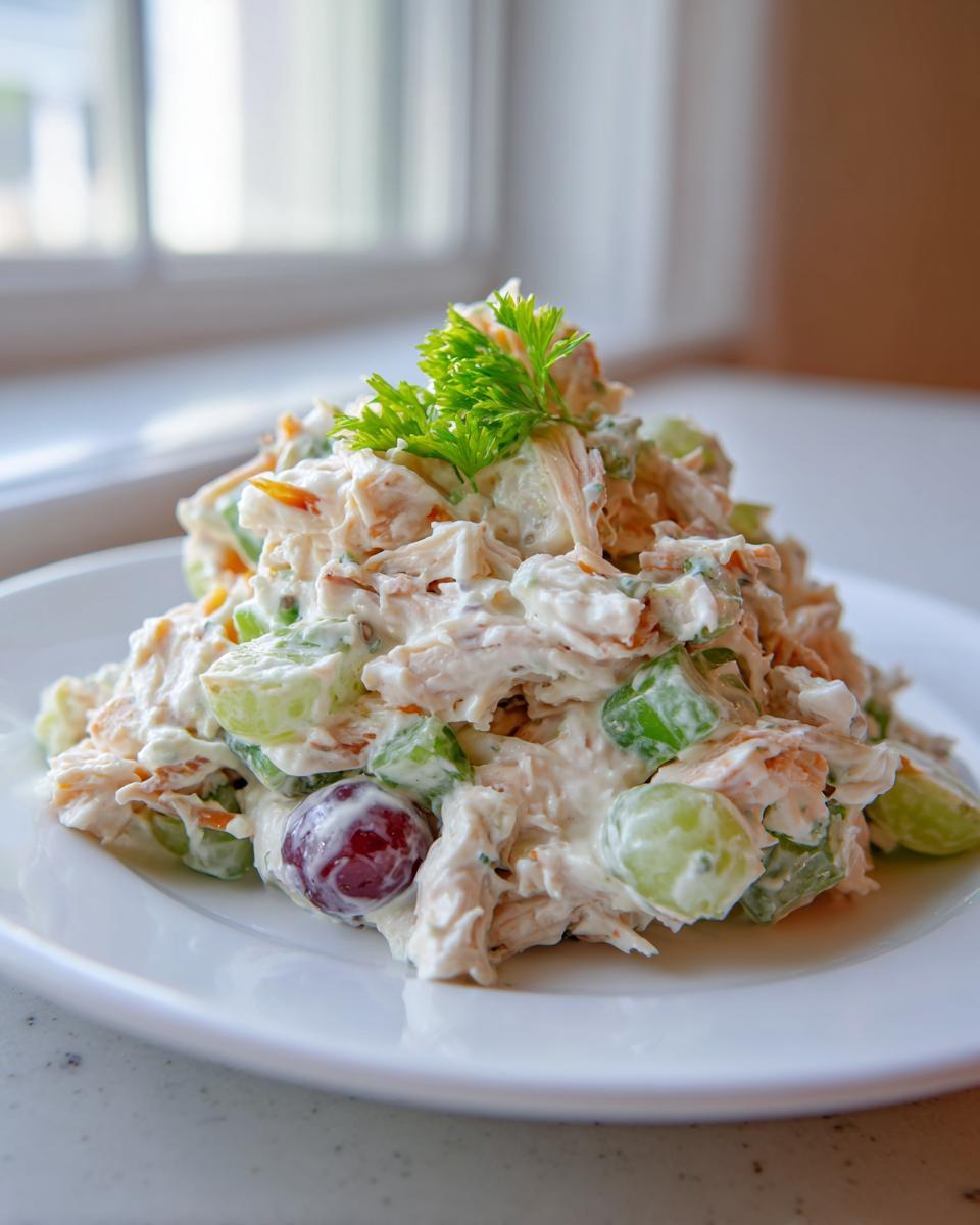 A mound of creamy greek yogurt chicken salad mixed with celery and grapes, garnished with parsley.