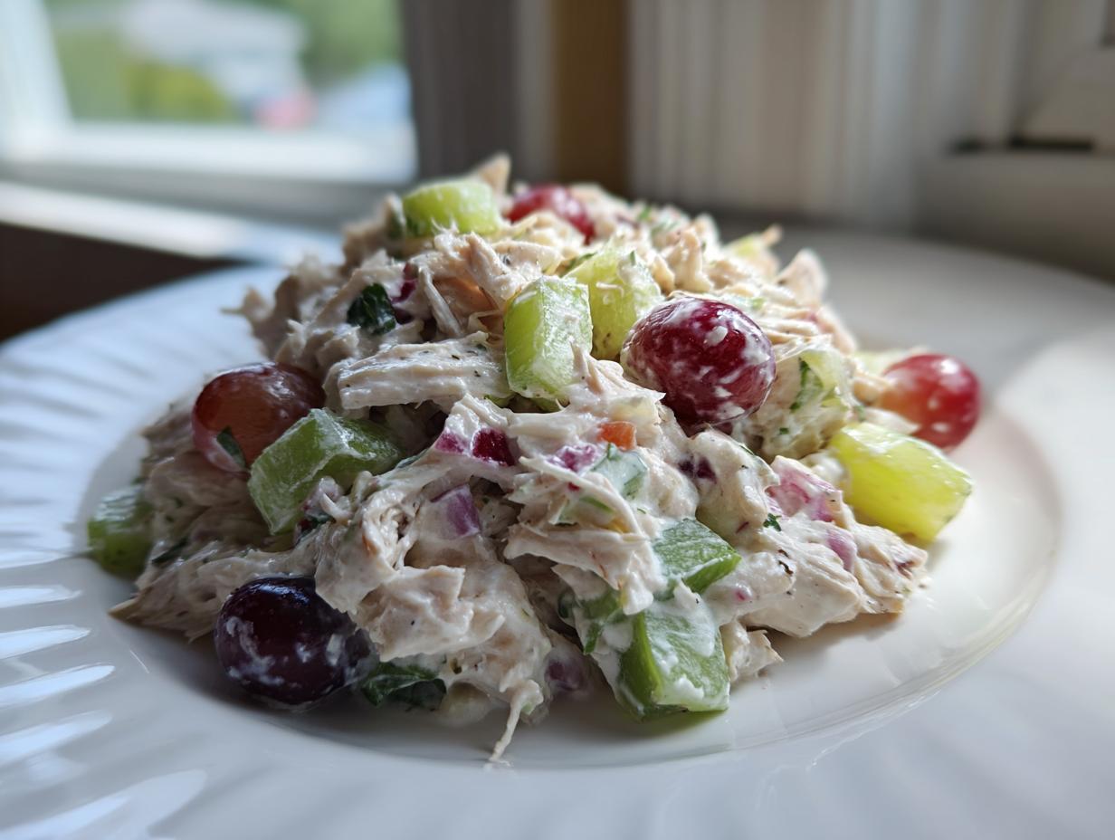 A close-up serving of creamy greek yogurt chicken salad mixed with chunks of celery and red and green grapes on a white plate.