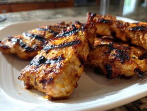 Close-up of perfectly grilled chicken tenders showing char marks, ready after using the 5-minute chicken marinade.