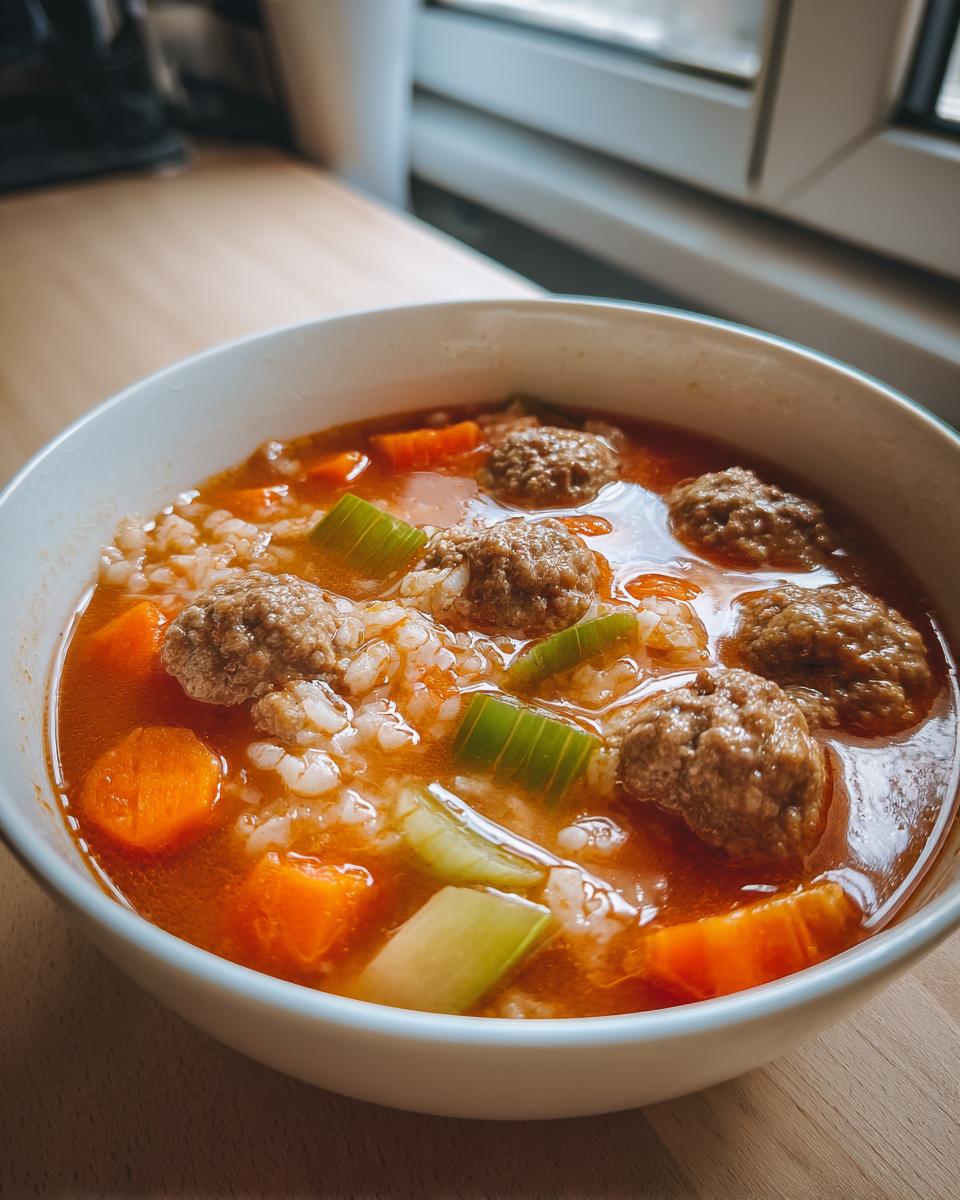 Close-up of a white bowl filled with rich, tomato-based albondigas soup containing meatballs, rice, carrots, and celery.