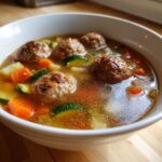 Close-up of a white bowl filled with flavorful albondigas soup, featuring meatballs, carrots, and zucchini slices.