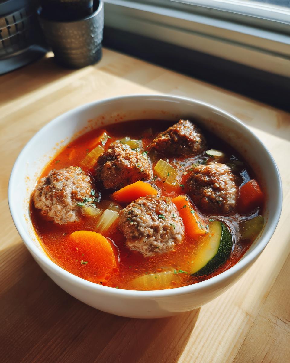 A close-up of a white bowl filled with rich, red broth albondigas soup featuring meatballs, carrots, zucchini, and celery.