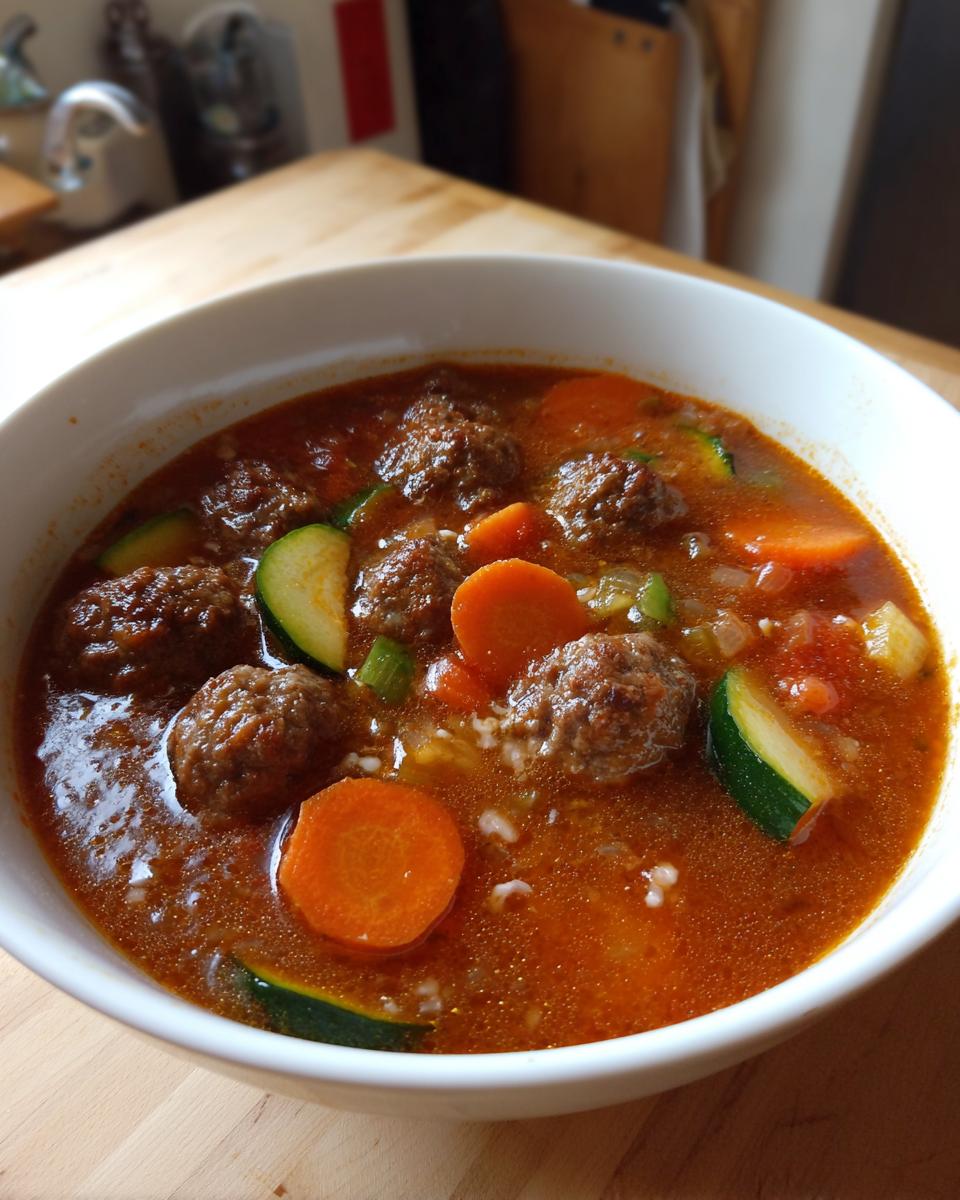 Close-up of a white bowl filled with rich, tomato-based albondigas soup featuring meatballs, sliced carrots, and zucchini.