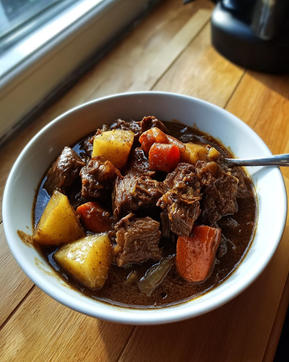 A close-up of a white bowl filled with rich, dark pork stew chunks, potatoes, and carrots, sitting on a sunny wooden table.