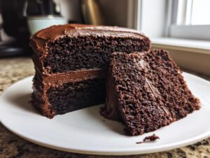 A thick slice of moist homemade chocolate cake layered with rich chocolate frosting on a white plate.