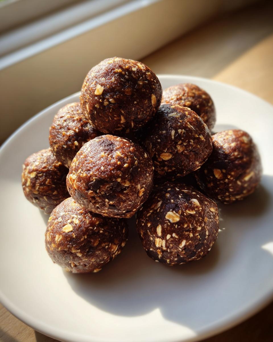A close-up stack of dark, rich protein balls studded with visible oats, sitting on a white plate in bright sunlight.