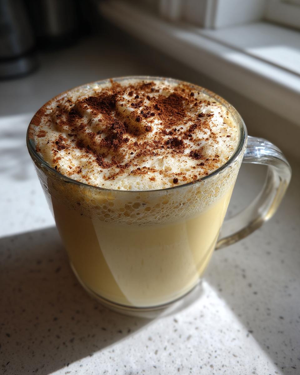 A glass mug filled with creamy homemade eggnog, topped with foam and sprinkled with cinnamon.