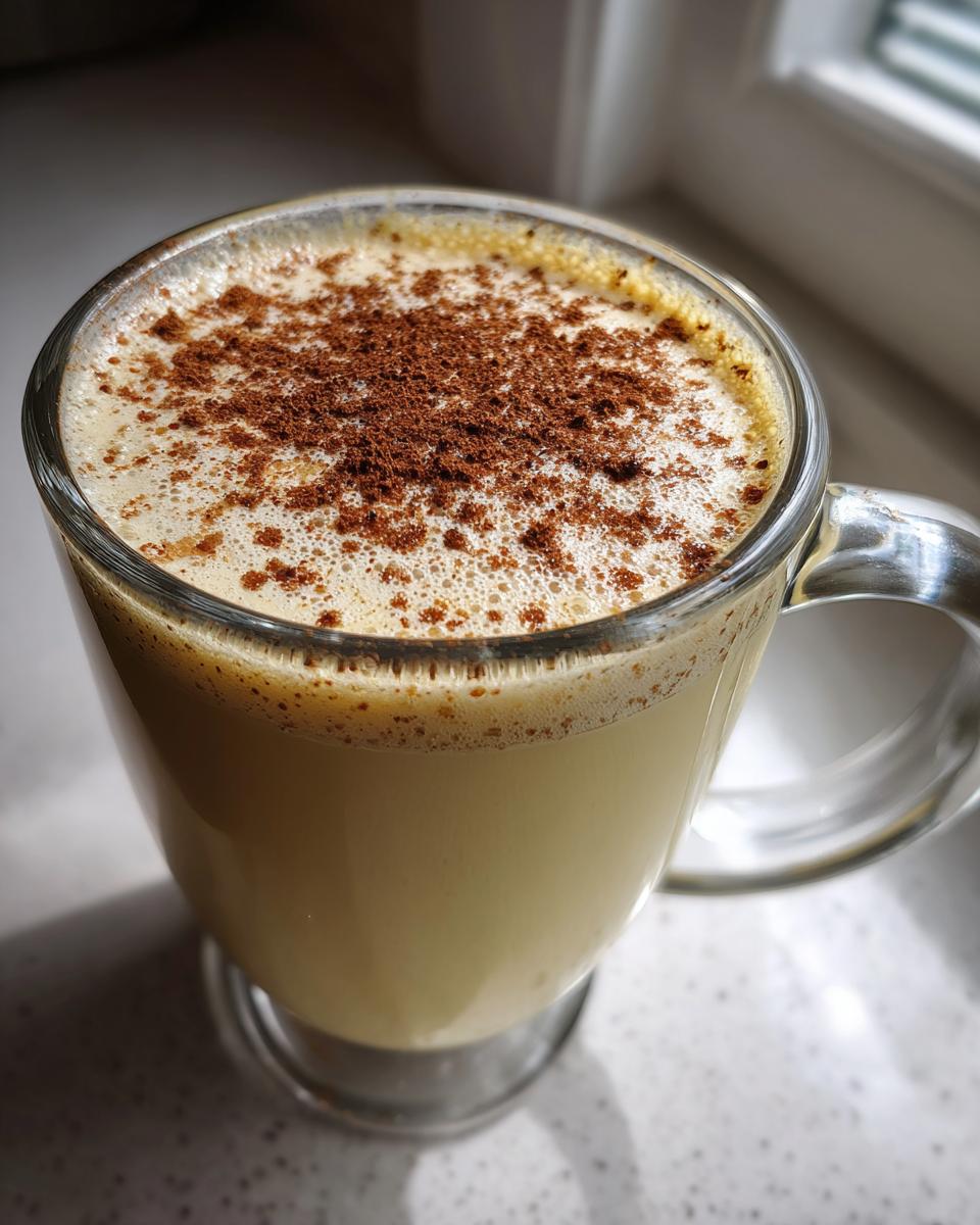 Close-up of a glass mug filled with creamy homemade eggnog, topped with foam and a dusting of cinnamon.
