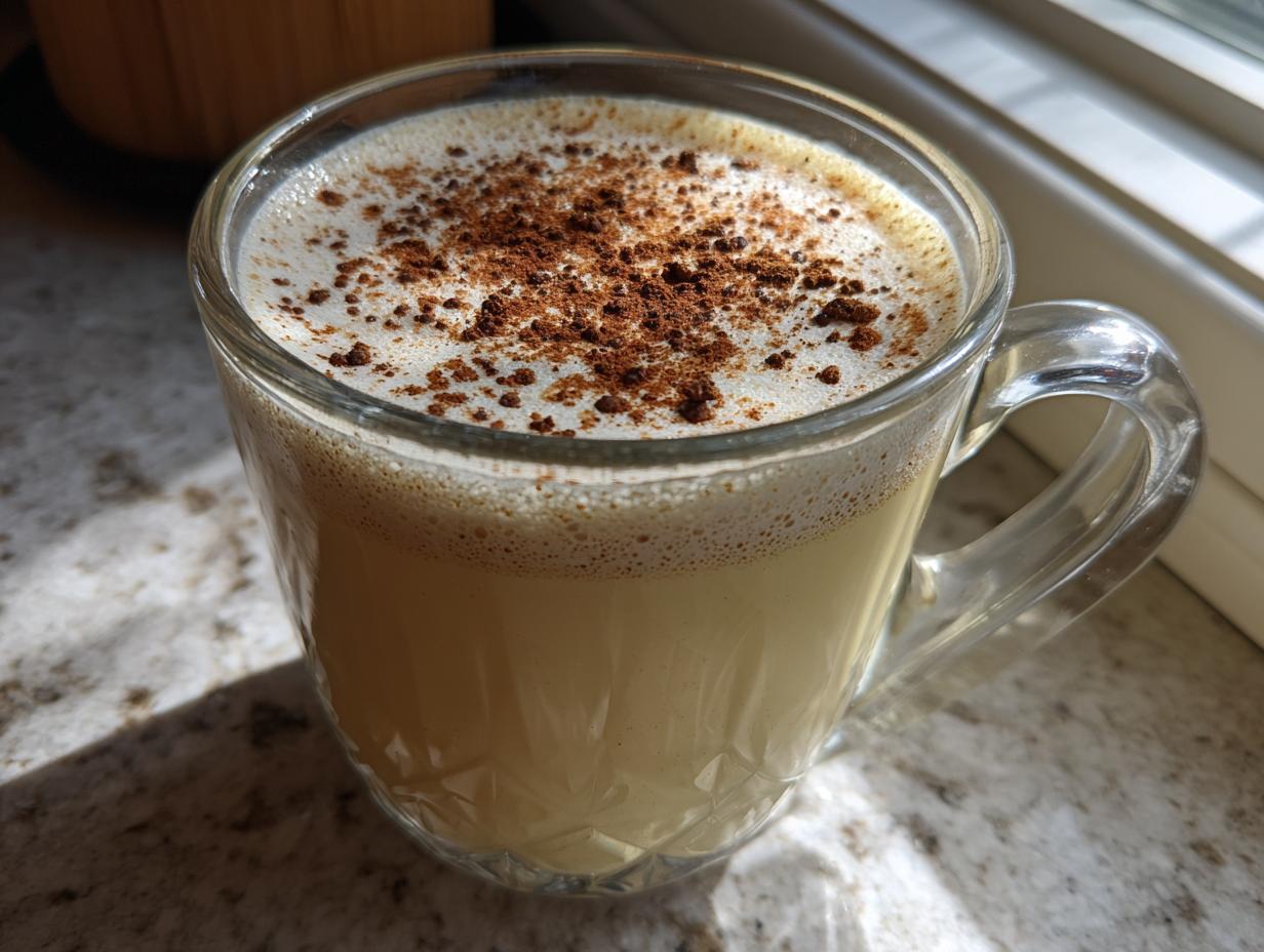 Close-up of a glass mug filled with creamy homemade eggnog, topped with foam and sprinkled with cinnamon.