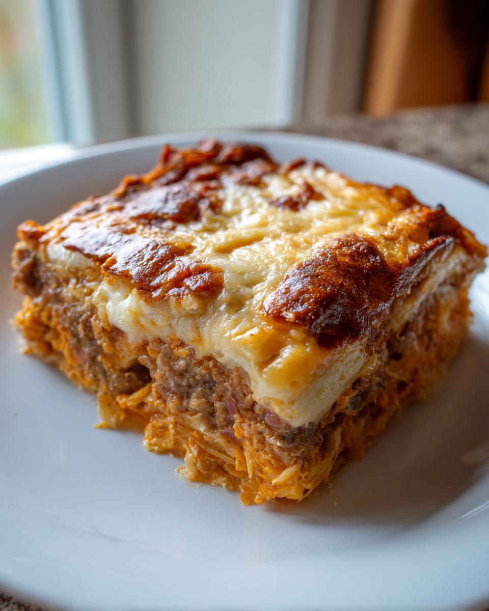 A square slice of homemade Reuben bake with layers of meat and sauerkraut, topped with melted, browned cheese.