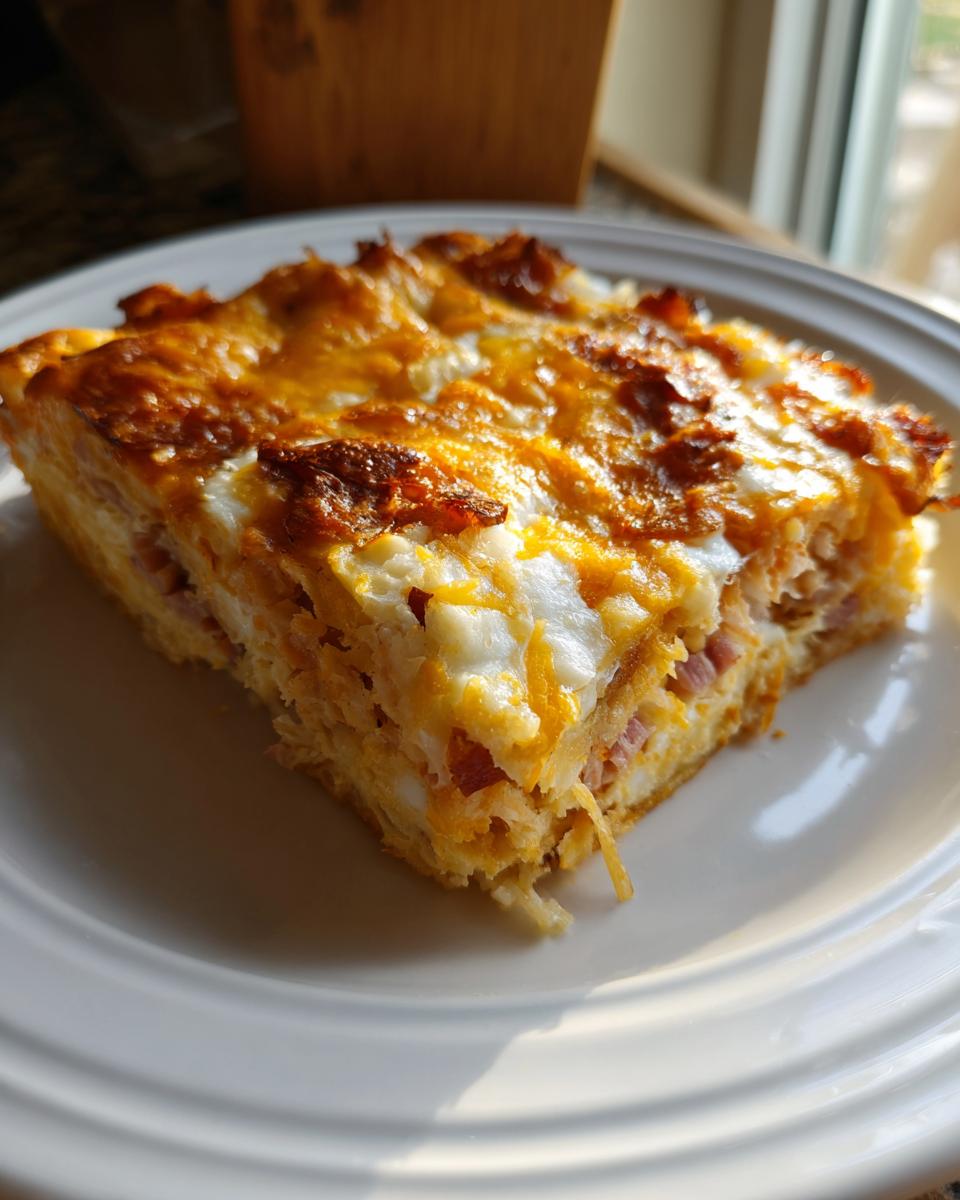 A square slice of homemade Reuben bake with melted, browned cheese topping served on a white plate.