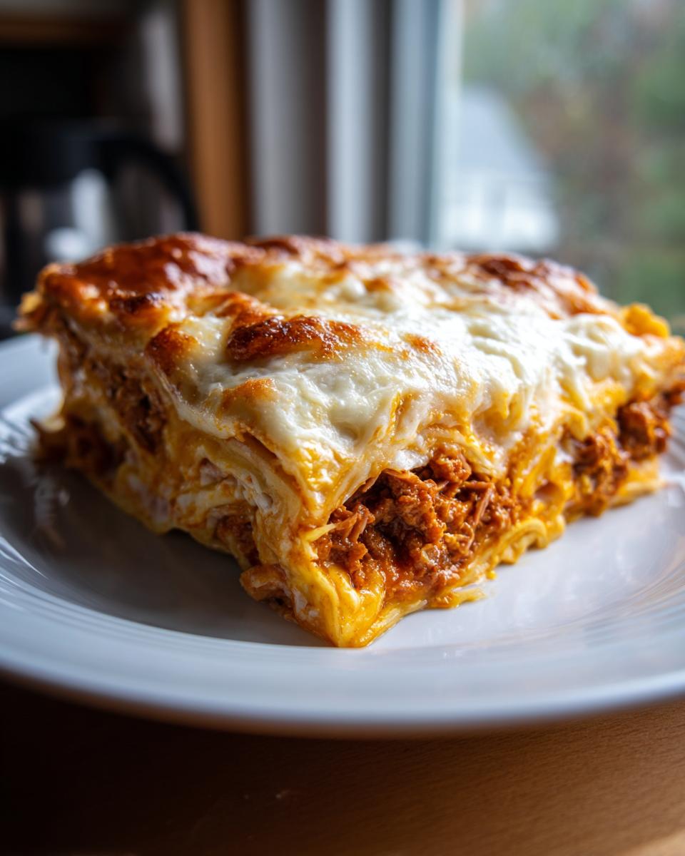 A thick, cheesy slice of homemade Reuben bake with layers of pasta and savory filling.