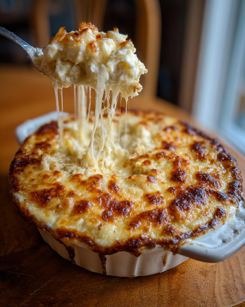 A spoonful of creamy, cheesy hot crab dip is lifted, showing long, melted cheese strings stretching back to the bubbly, browned dip.