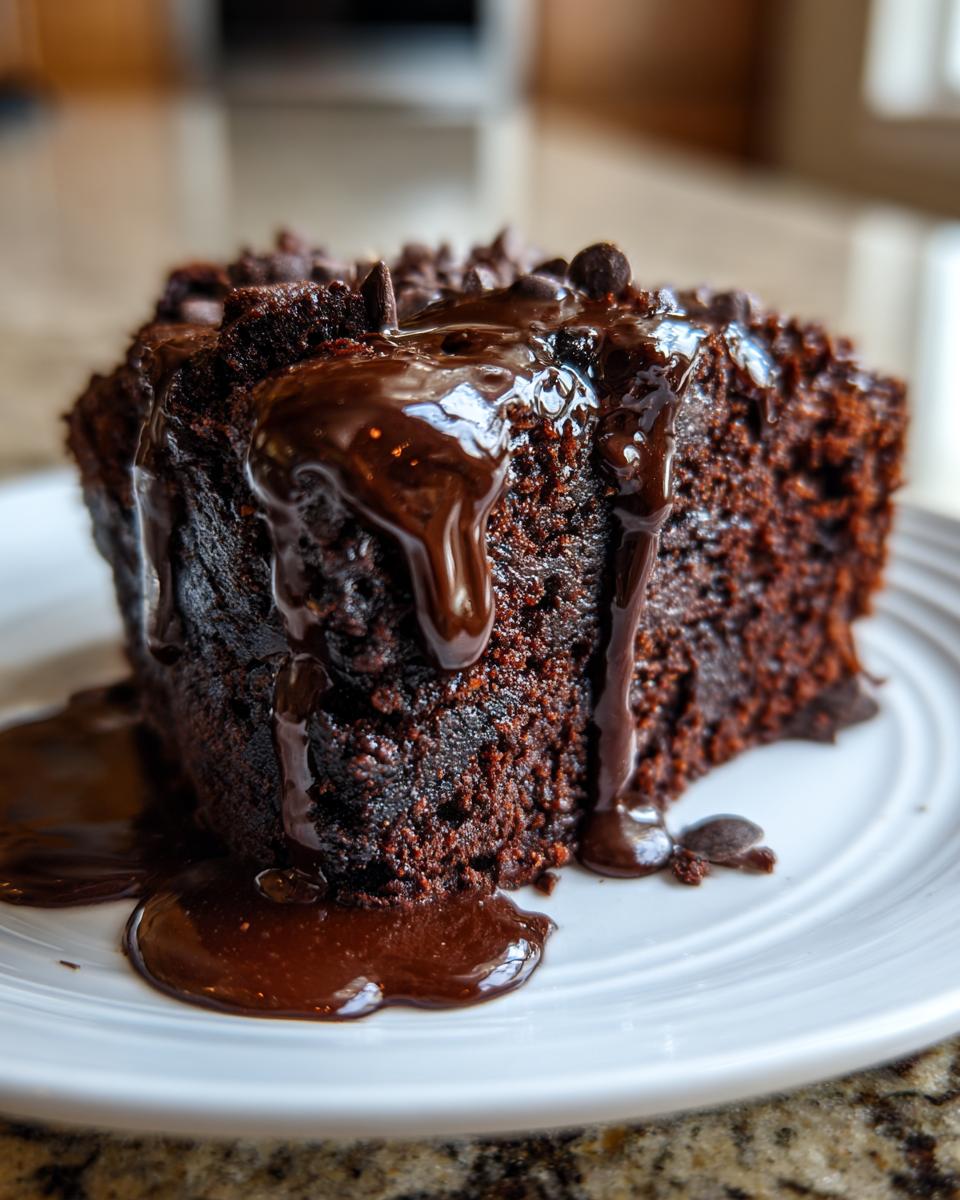 A rich, dark slice of hot fudge brownie bread topped with chocolate chips and covered in dripping hot fudge sauce.