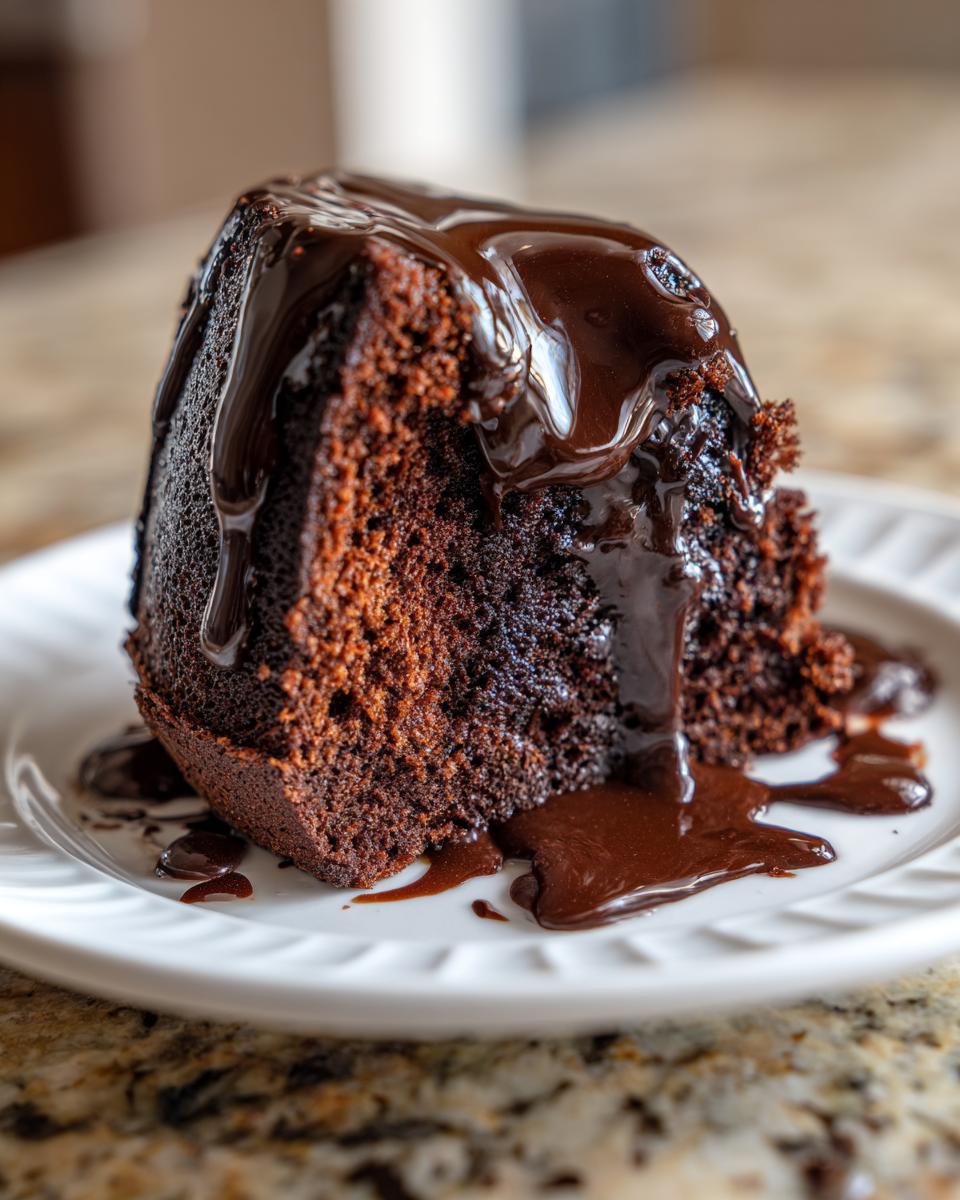 A moist slice of hot fudge brownie bread generously covered in rich, dripping hot fudge sauce.