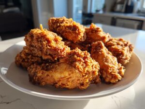 A pile of golden brown, extra crispy fried chicken wings sitting on a white plate in bright sunlight.