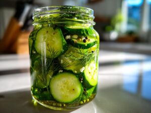 Close-up of sliced cucumbers and fresh dill inside a glass jar making refrigerator pickles.