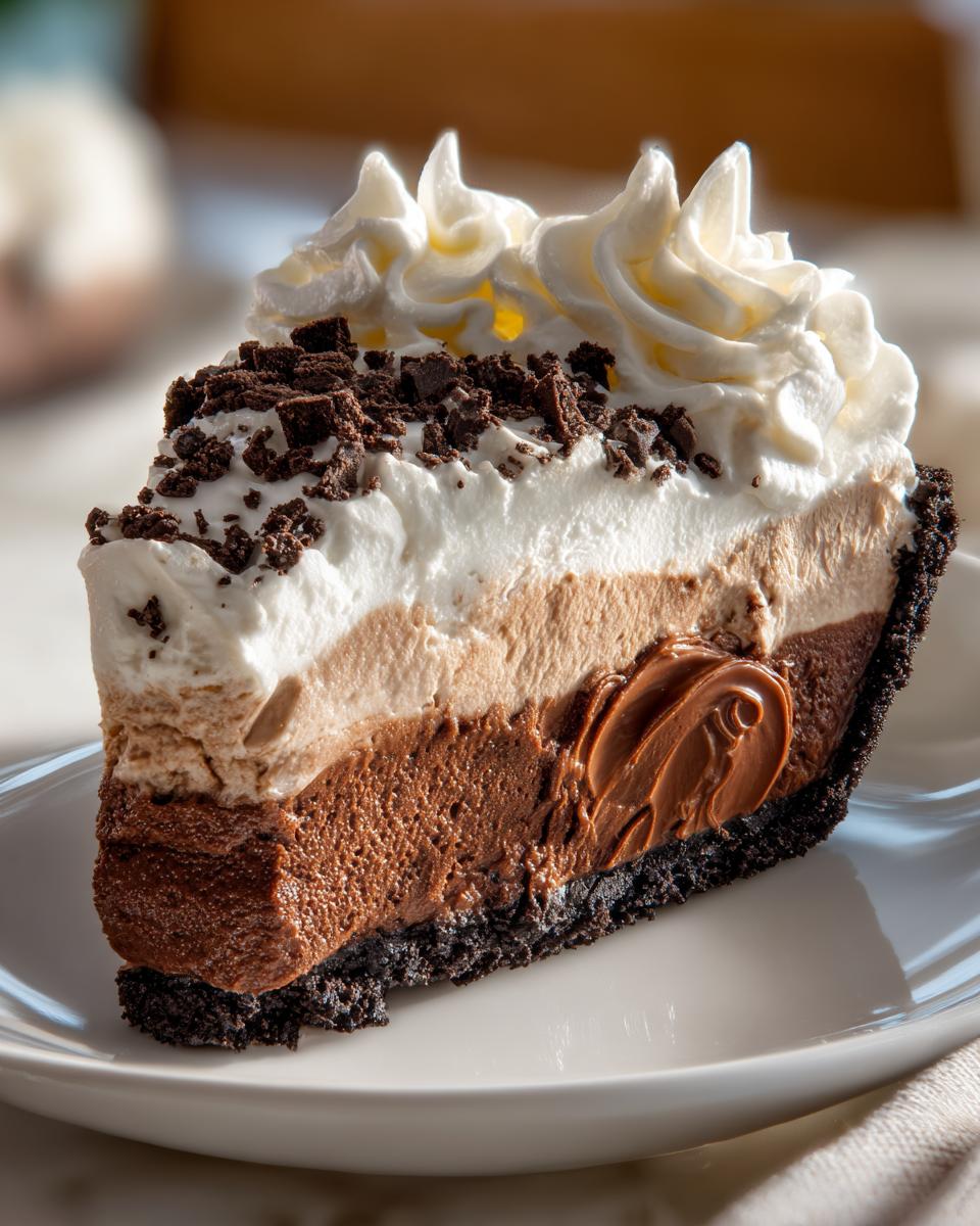 A decadent slice of layered chocolate ice cream pie with a dark crust, chocolate filling, and whipped cream topping.