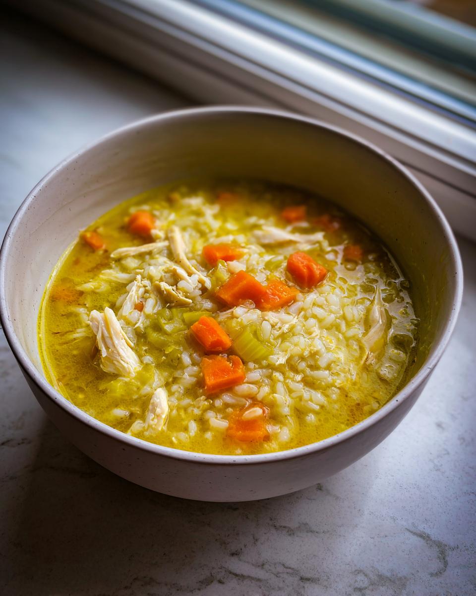A close-up of a bowl filled with golden Lemon Ginger Turmeric Chicken and Rice Soup, showing shredded chicken, rice, and bright orange carrots.
